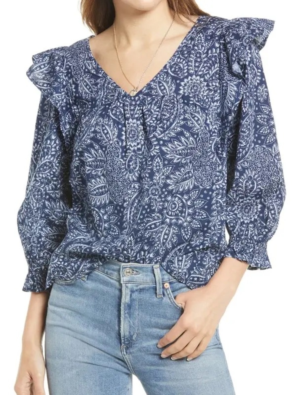 Madewell Paisley Garden Ruffle Shoulder Top Small Blue Boho Blouse